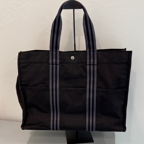 Hermes Black Canvas Tote with Gray Stripes - Picture 1 of 7